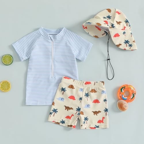 DuAnyozu Baby Boys Swimsuit Long Sleeve Rash Guard Swimwear Baby Boy Swim Trunk with Hat Set 3-Piece Toddler Bathing Suit (Blue, 2-3 Years) - Image 2
