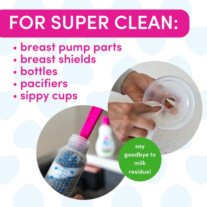 Dapple Breast Pump Cleaning Kit, 3 Baby Bottle Cleaning Brushes, Hypoallergenic & Powered by Plants, Removes Milk Residue, Leaves No Taste, 3oz Soap, 10ct Wipes 3 Cleaning Brushes - Image 3
