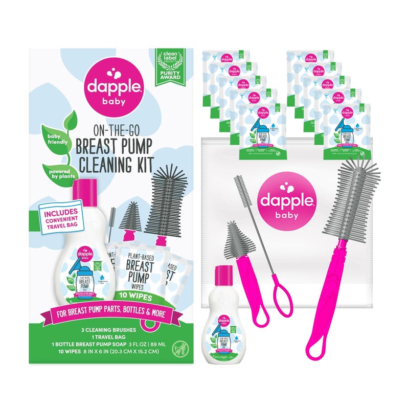 Dapple Breast Pump Cleaning Kit, 3 Baby Bottle Cleaning Brushes, Hypoallergenic & Powered by Plants, Removes Milk Residue, Leaves No Taste, 3oz Soap, 10ct Wipes 3 Cleaning Brushes - Image 1