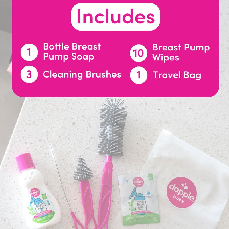 Dapple Breast Pump Cleaning Kit, 3 Baby Bottle Cleaning Brushes, Hypoallergenic & Powered by Plants, Removes Milk Residue, Leaves No Taste, 3oz Soap, 10ct Wipes 3 Cleaning Brushes - Image 2