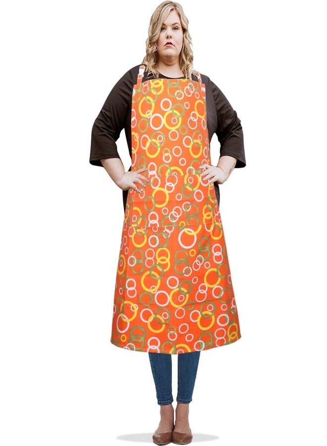 SANFERGE Canvas Plus Size Apron for Women with 2 Pockets, 39 X 38 inch Extra Large XXL Aprons, Vintage Gingham Adjustable Long Bib Chef Apron for Cooking, Kitchen, Barber, BBQ, Waitress, Orange Circle - Image 1