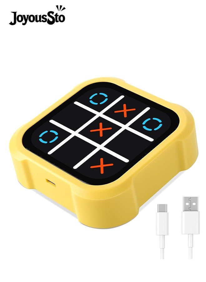 متجر الفرح صندوق ألعاب تيك تاك تو القابل لإعادة الشحن من إكس أو جيم، 4 في 1 ألعاب ذكاء وذاكرة، وحدة تحكم ألعاب ألغاز محمولة صغيرة، لعبة سفر محمولة، هدايا مثالية لجميع الأعمار من 3 سنوات فما فوق، أصفر - Image 1