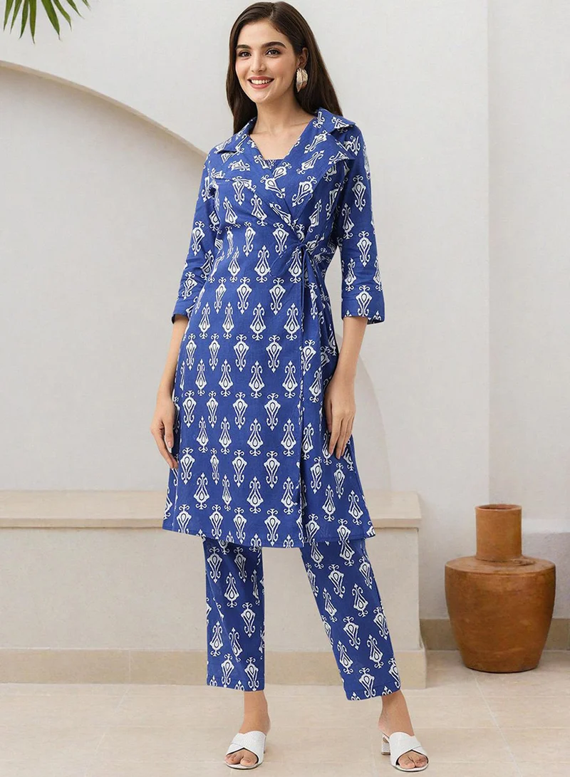 ISHIN Women'S Blue 100% Cotton Embellished Tunic Full Length Pleat Front Straight Fit Co Ords