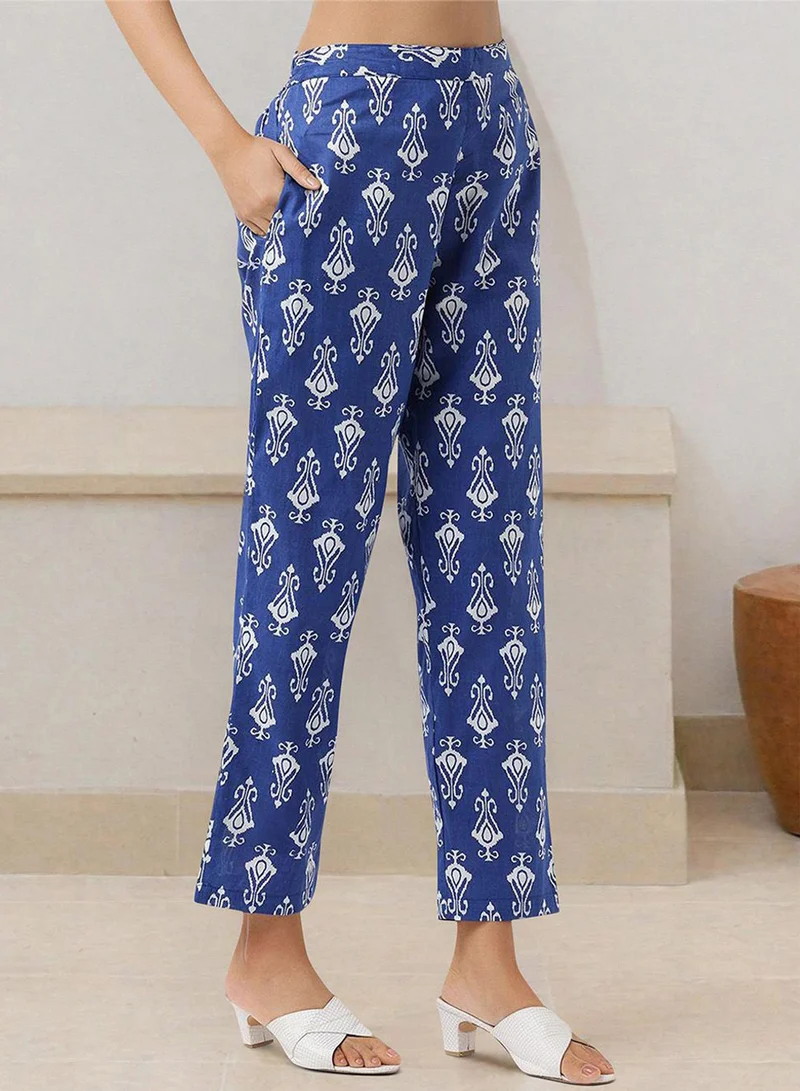 ISHIN Women'S Blue 100% Cotton Embellished Tunic Full Length Pleat Front Straight Fit Co Ords