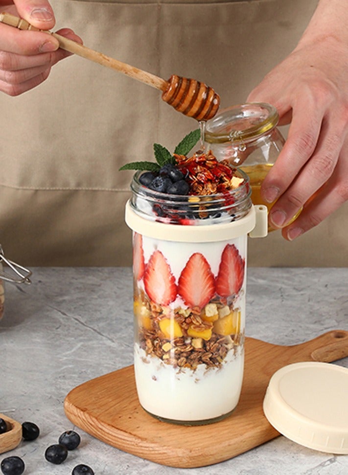 2PCS Overnight Oats Jars with Lid and Spoon Airtight Oatmeal Container with Measurement Marks Glass Jars with Airtight Lids for Cereal Yogurt and Parfait 600ml/20oz(White)