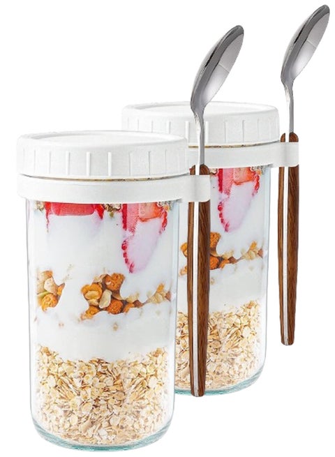 2PCS Overnight Oats Jars with Lid and Spoon Airtight Oatmeal Container with Measurement Marks Glass Jars with Airtight Lids for Cereal Yogurt and Parfait 600ml/20oz(White)