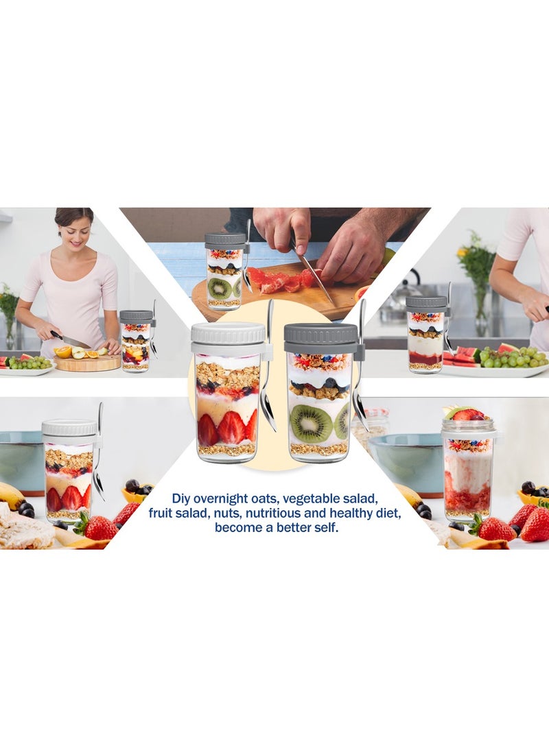 2PCS Overnight Oats Jars with Lid and Spoon Airtight Oatmeal Container with Measurement Marks Glass Jars with Airtight Lids for Cereal Yogurt and Parfait 600ml/20oz(White)