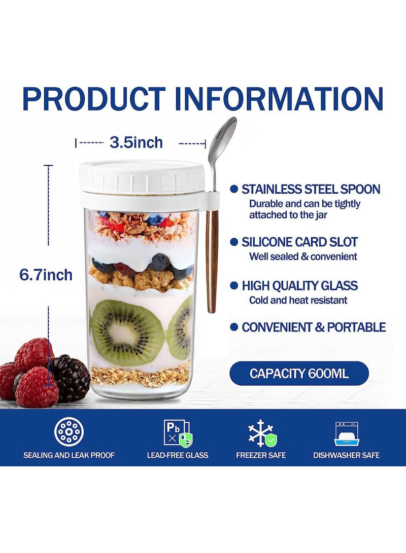 2PCS Overnight Oats Jars with Lid and Spoon Airtight Oatmeal Container with Measurement Marks Glass Jars with Airtight Lids for Cereal Yogurt and Parfait 600ml/20oz(White)