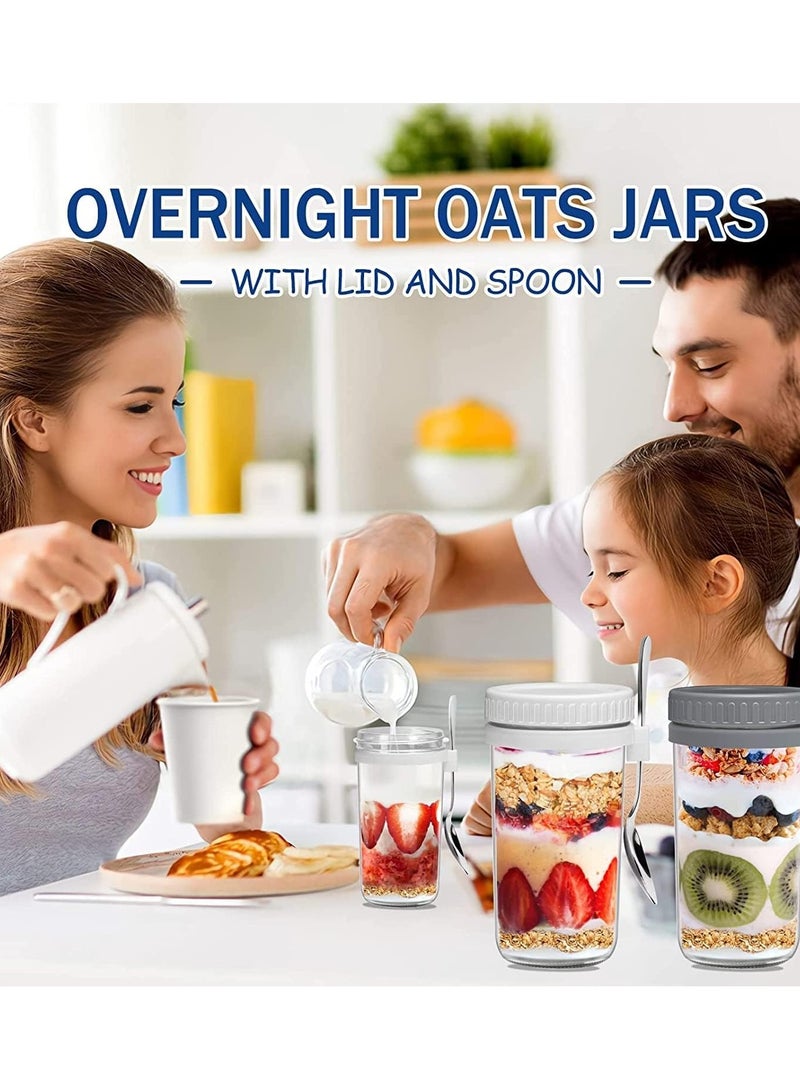 2PCS Overnight Oats Jars with Lid and Spoon Airtight Oatmeal Container with Measurement Marks Glass Jars with Airtight Lids for Cereal Yogurt and Parfait 600ml/20oz(White)