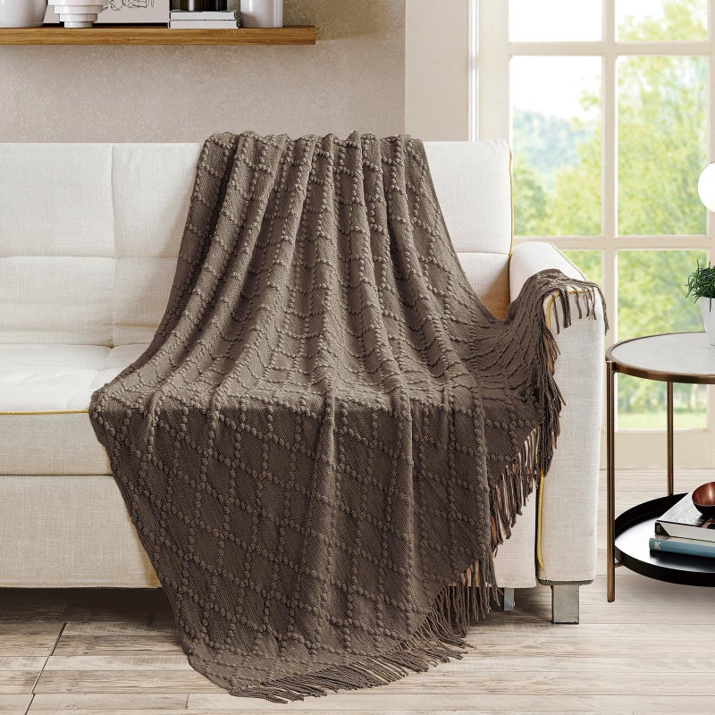 Bourina Brown Throw Blanket 50 X70 Inches Jacquard Argyle Throw Textured Solid Soft Throws And Blankets For Sofa Or Bed Knitted Decorative Blanket - Image 2