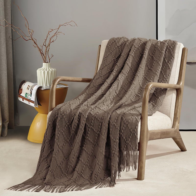 Bourina Brown Throw Blanket 50 X70 Inches Jacquard Argyle Throw Textured Solid Soft Throws And Blankets For Sofa Or Bed Knitted Decorative Blanket - Image 4