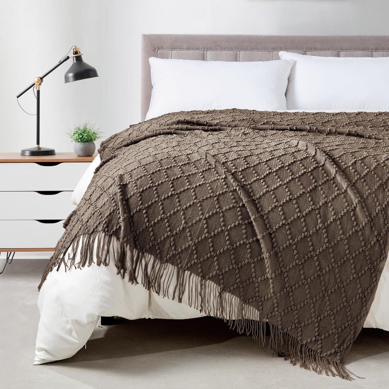 Bourina Brown Throw Blanket 50 X70 Inches Jacquard Argyle Throw Textured Solid Soft Throws And Blankets For Sofa Or Bed Knitted Decorative Blanket - Image 1