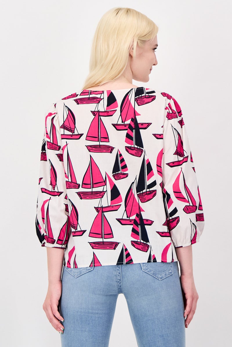 Fire & Glory Women Round Neck 3/4 Sleeve Allover Print Blouse, Multicolor - Image 2