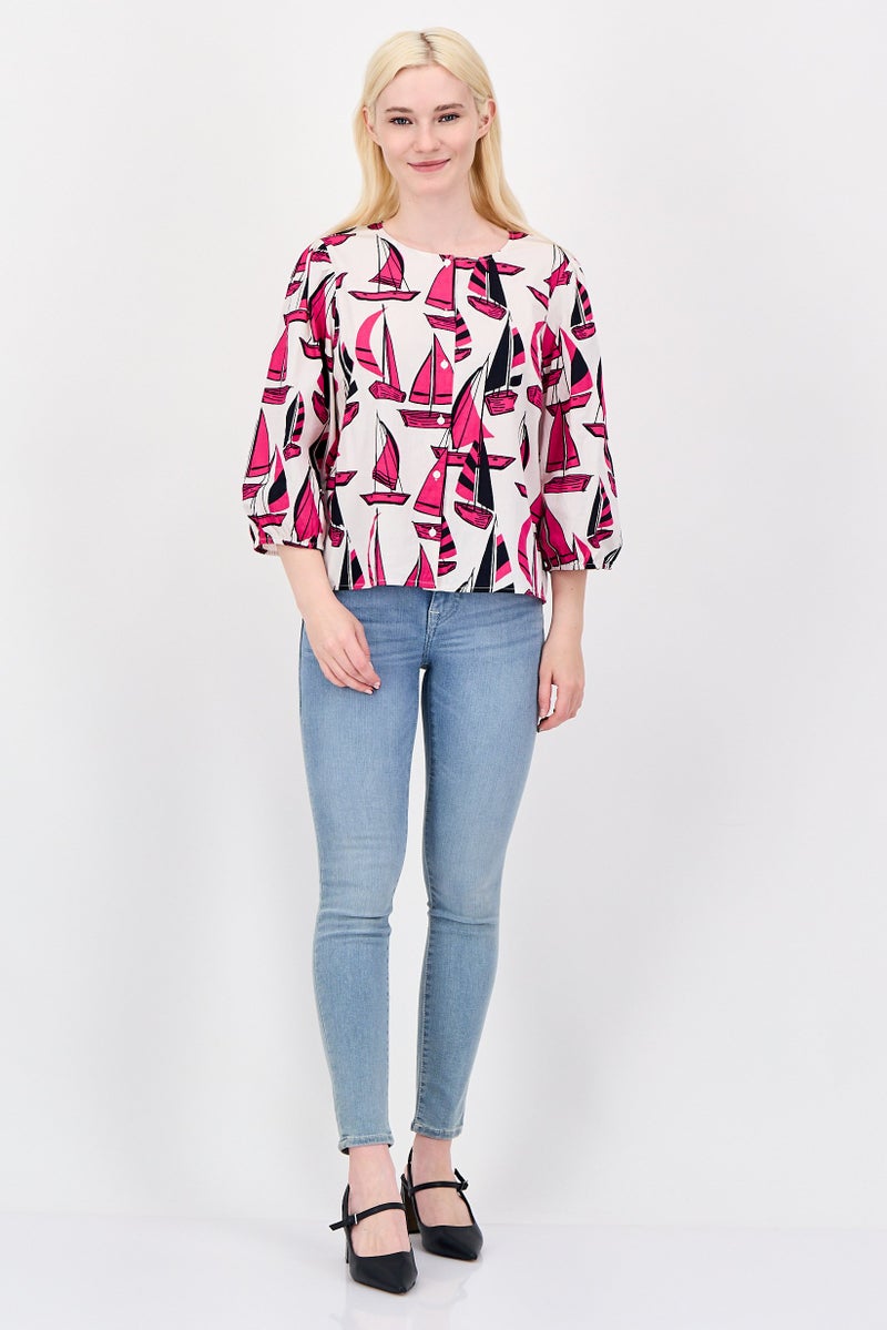 Fire & Glory Women Round Neck 3/4 Sleeve Allover Print Blouse, Multicolor - Image 3