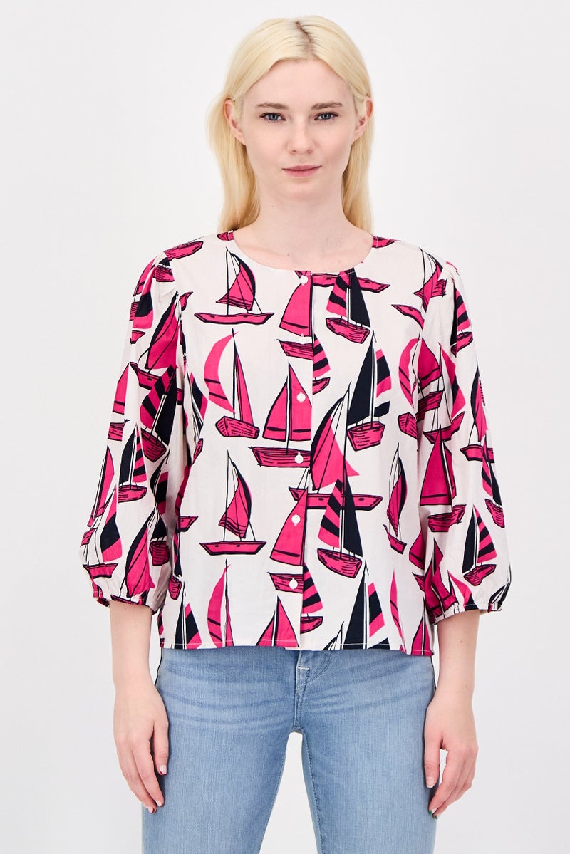 Fire & Glory Women Round Neck 3/4 Sleeve Allover Print Blouse, Multicolor - Image 1