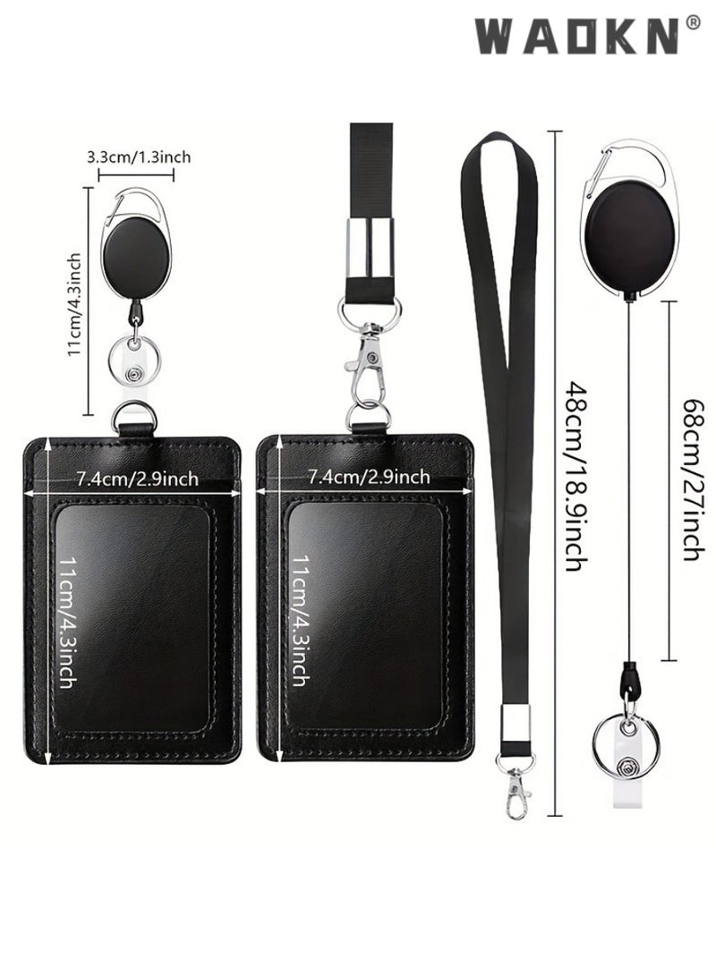 WAOKN 2 Pcs Badge Holders,  Heavy Duty Retractable Reel Clips Set with Carabiner Clip, Vertical Leather ID Card Holder,Vertical Leather ID Badge Holders with 1 Clear ID Window & 2 Credit Card Slots (Black) - Image 5