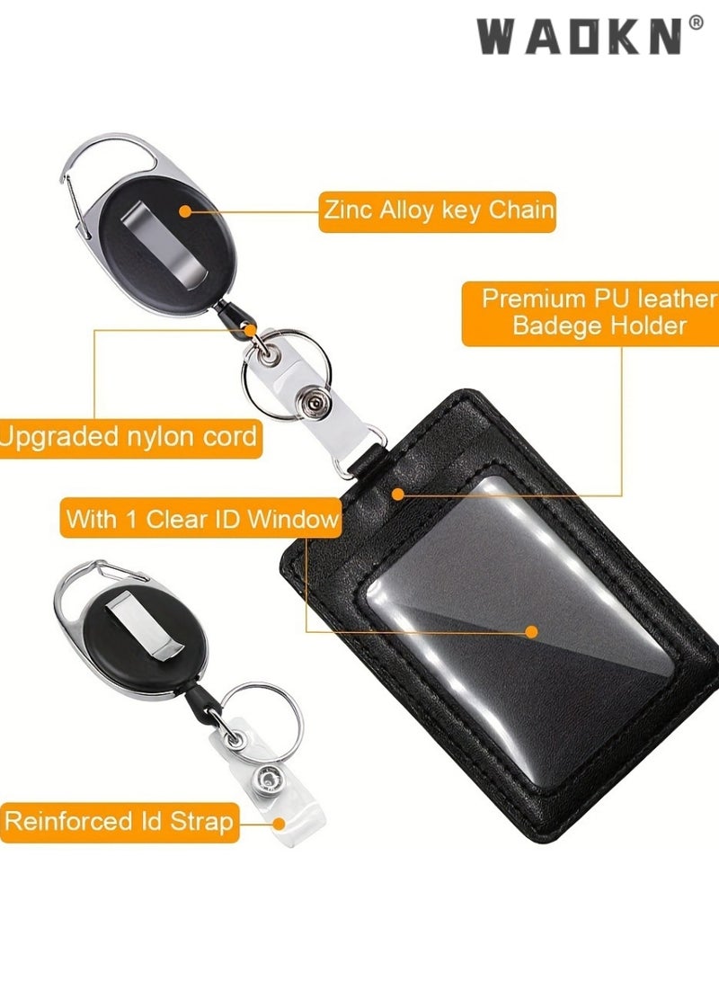 WAOKN 2 Pcs Badge Holders,  Heavy Duty Retractable Reel Clips Set with Carabiner Clip, Vertical Leather ID Card Holder,Vertical Leather ID Badge Holders with 1 Clear ID Window & 2 Credit Card Slots (Black) - Image 3