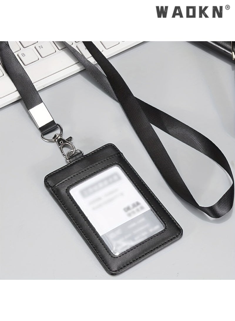WAOKN 2 Pcs Badge Holders,  Heavy Duty Retractable Reel Clips Set with Carabiner Clip, Vertical Leather ID Card Holder,Vertical Leather ID Badge Holders with 1 Clear ID Window & 2 Credit Card Slots (Black) - Image 4