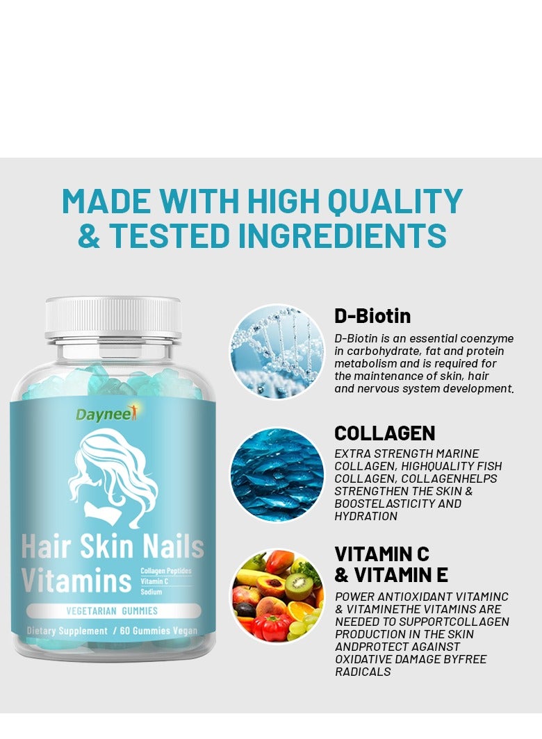 ديني فيتامينات للشعر والبشرة والأظافر مع الكولاجين والبيوتين، يدعم بشكل طبيعي الصحة، مكمل غذائي 60 علكة نباتية - Image 5