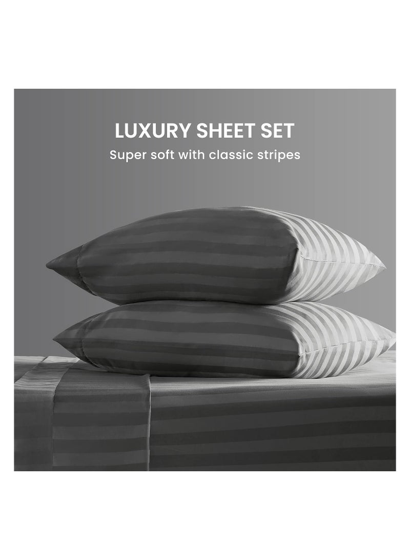COMFY 3 PC STRIPED HOTEL QUALITY 300TC BEDSHEET SET WITH 2 PILLOW COVERS GREY - Image 2