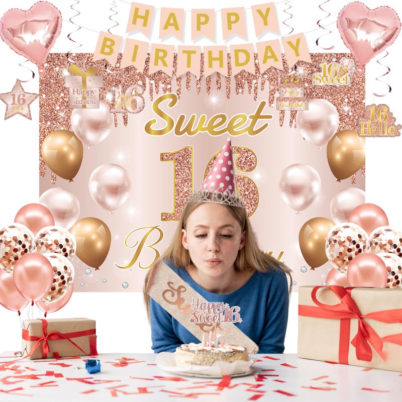 RTHPY Sweet 16 Party Decorations, Sweet 16th Birthday Crown and Sash Pink Rose Gold Sixteen Cake Topper Banner Backdrop Balloons Hanging Swirls for Girls Happy 16 Years Old Party Supplies - Image 4