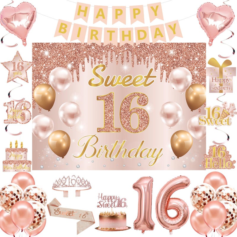 RTHPY Sweet 16 Party Decorations, Sweet 16th Birthday Crown and Sash Pink Rose Gold Sixteen Cake Topper Banner Backdrop Balloons Hanging Swirls for Girls Happy 16 Years Old Party Supplies - Image 1