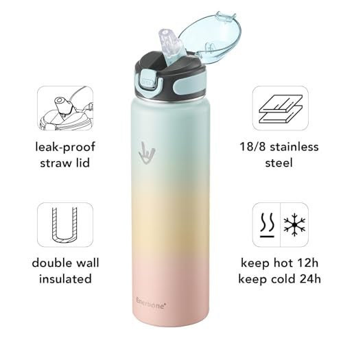 Enerbone 32 oz Insulated Water Bottle, Stainless Steel Bottle with Carrying Strap, Double-Wall Vacuum Insulation Design, Leakproof Sports Bottle with Straw, Keep Drinks Cold or Hot for Hours - Image 2