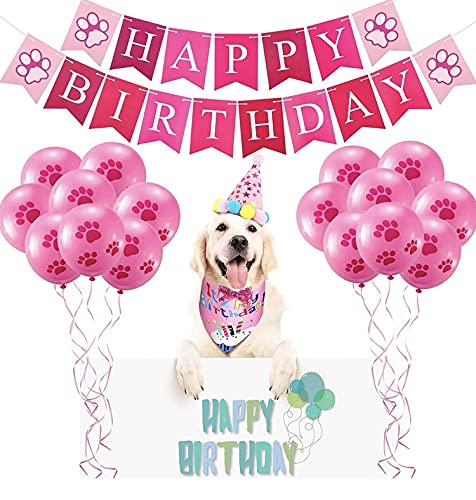 KUTKUT Dog Birthday Bandana Set | Dog Birthday Hat Dog Birthday Bandana Scarf | Shining Dog Bow Tie Collar | Dog Print Happy Birthday Banner and 10 Piece 12 Inch Paw Print Balloon with Tape for Boy Girl Dog - Image 5
