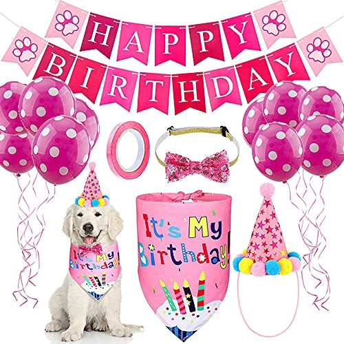 KUTKUT Dog Birthday Bandana Set | Dog Birthday Hat Dog Birthday Bandana Scarf | Shining Dog Bow Tie Collar | Dog Print Happy Birthday Banner and 10 Piece 12 Inch Paw Print Balloon with Tape for Boy Girl Dog - Image 1