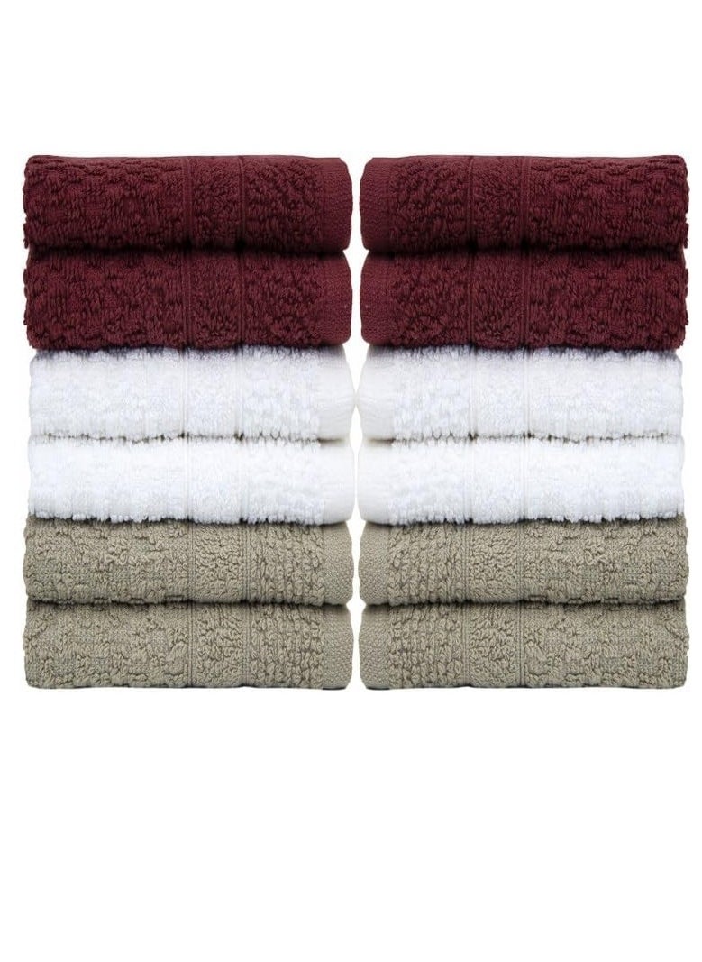 PH Pleasant Home - PH Pleasant Home Wash Cloths Set - 12 Pack (12” x 12”) – 509 GSM- 100% Ring Spun Cotton Wash Cloth - Super Soft and Highly Absorbent Face Towels (Maroon, White & Tan, Checker Design) - Image 1
