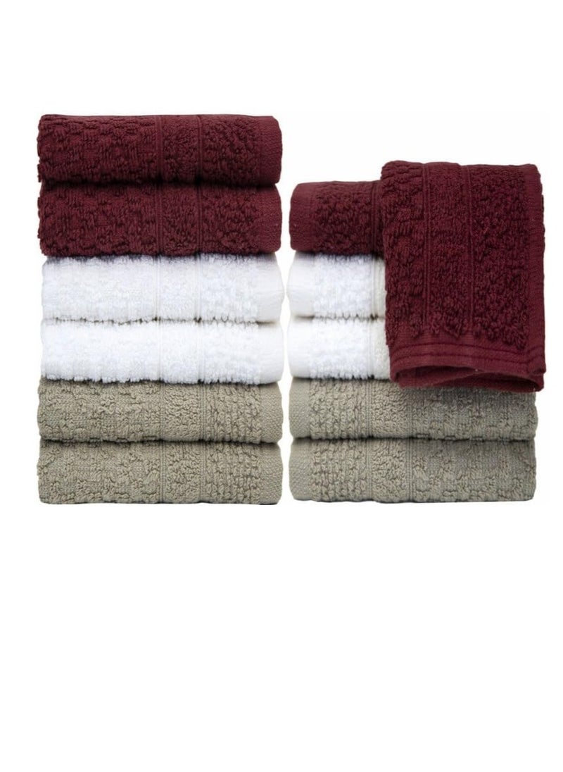 PH Pleasant Home - PH Pleasant Home Wash Cloths Set - 12 Pack (12” x 12”) – 509 GSM- 100% Ring Spun Cotton Wash Cloth - Super Soft and Highly Absorbent Face Towels (Maroon, White & Tan, Checker Design) - Image 1