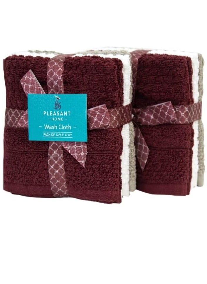 PH Pleasant Home - PH Pleasant Home Wash Cloths Set - 12 Pack (12” x 12”) – 509 GSM- 100% Ring Spun Cotton Wash Cloth - Super Soft and Highly Absorbent Face Towels (Maroon, White & Tan, Checker Design) - Image 1