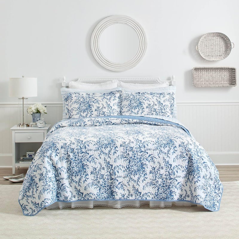 Laura Ashley Home Laura Ashley Home  Queen Quilt Set Reversible Cotton Bedding with Matching Shams Lightweight Home Decor for All Seasons Bedford Delft Blue Queen