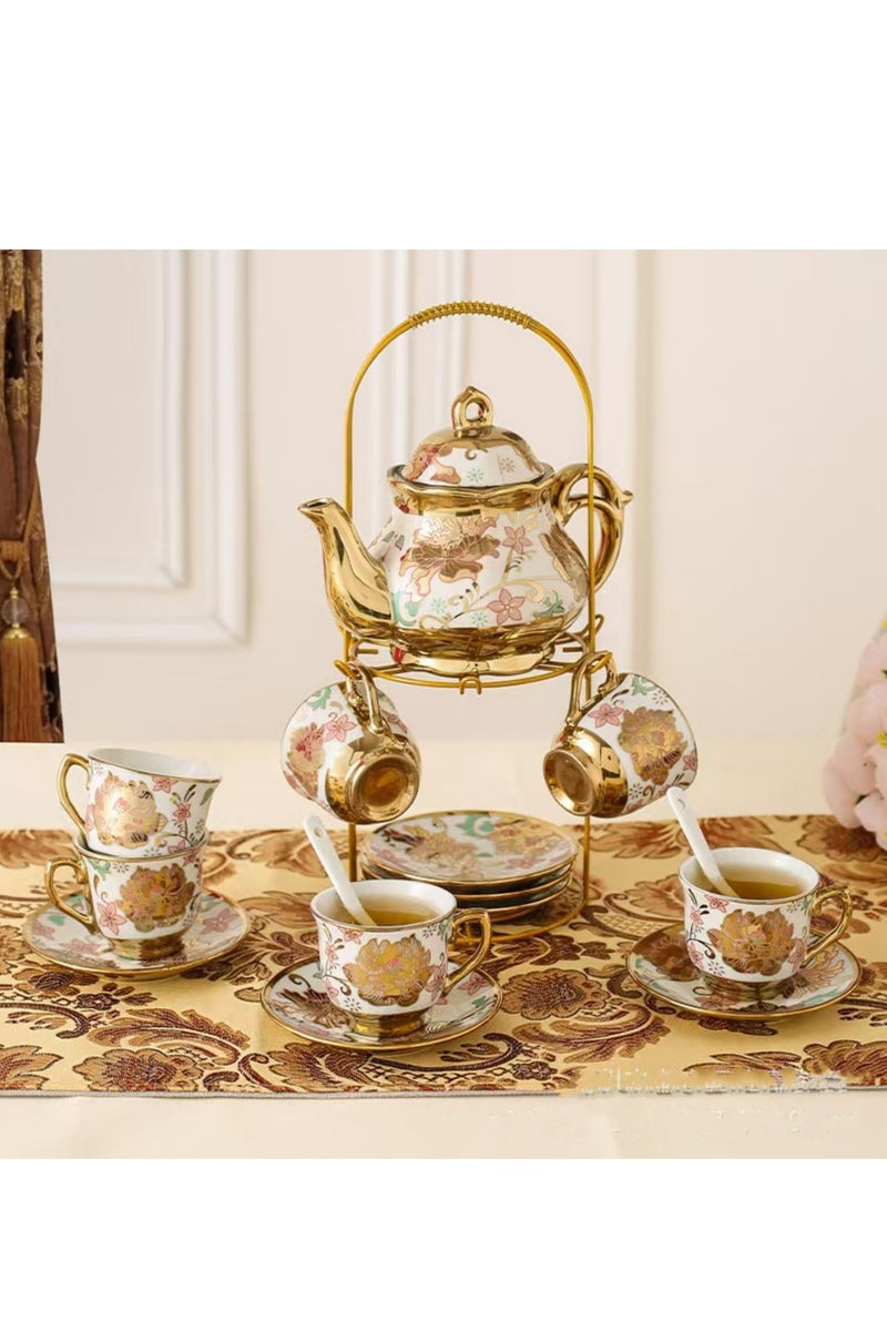 الخزف مع زخرفة ذهبية ، نمط زهور ، مجموعة من 13 قطعة مع حامل ، مجموعة شاي سيراميك أوروبية أبيض وذهبي للبالغين ، مجموعة شاي زهرة ، مجموعة شاي نسائية مع لوحة زهرة (أصفر) - Image 1