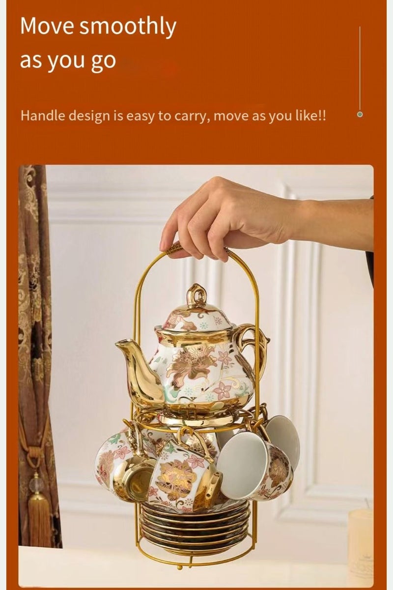 الخزف مع زخرفة ذهبية ، نمط زهور ، مجموعة من 13 قطعة مع حامل ، مجموعة شاي سيراميك أوروبية أبيض وذهبي للبالغين ، مجموعة شاي زهرة ، مجموعة شاي نسائية مع لوحة زهرة (أصفر) - Image 4