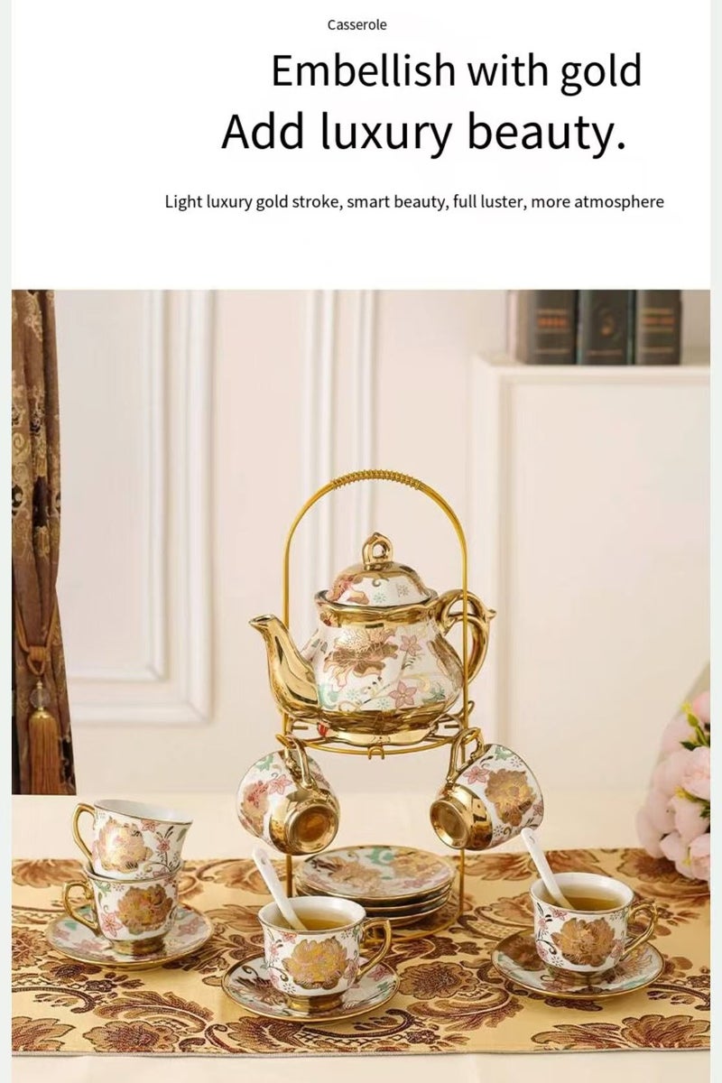 الخزف مع زخرفة ذهبية ، نمط زهور ، مجموعة من 13 قطعة مع حامل ، مجموعة شاي سيراميك أوروبية أبيض وذهبي للبالغين ، مجموعة شاي زهرة ، مجموعة شاي نسائية مع لوحة زهرة (أصفر) - Image 2