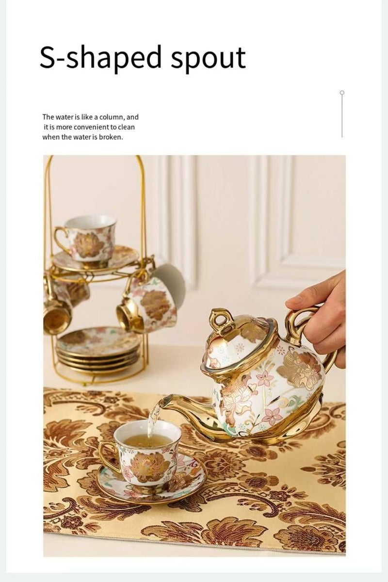 الخزف مع زخرفة ذهبية ، نمط زهور ، مجموعة من 13 قطعة مع حامل ، مجموعة شاي سيراميك أوروبية أبيض وذهبي للبالغين ، مجموعة شاي زهرة ، مجموعة شاي نسائية مع لوحة زهرة (أصفر) - Image 5