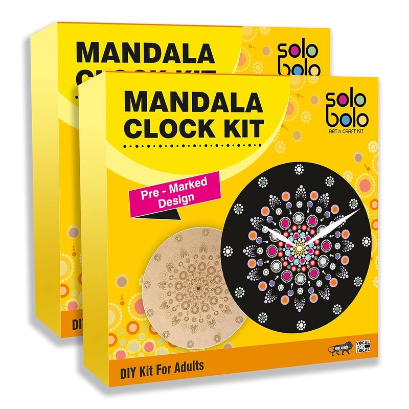 SOLOBOLO Mandala Painting Kit for Adults|DIY Mandala Clock Kit for Home Decor |Craft Materials MDF Cutouts for Art and Craft Kit|Birthday Gifts for Girls|Size-12 Inch Wall Clock MDF|Pack of 2 Sets - Image 1
