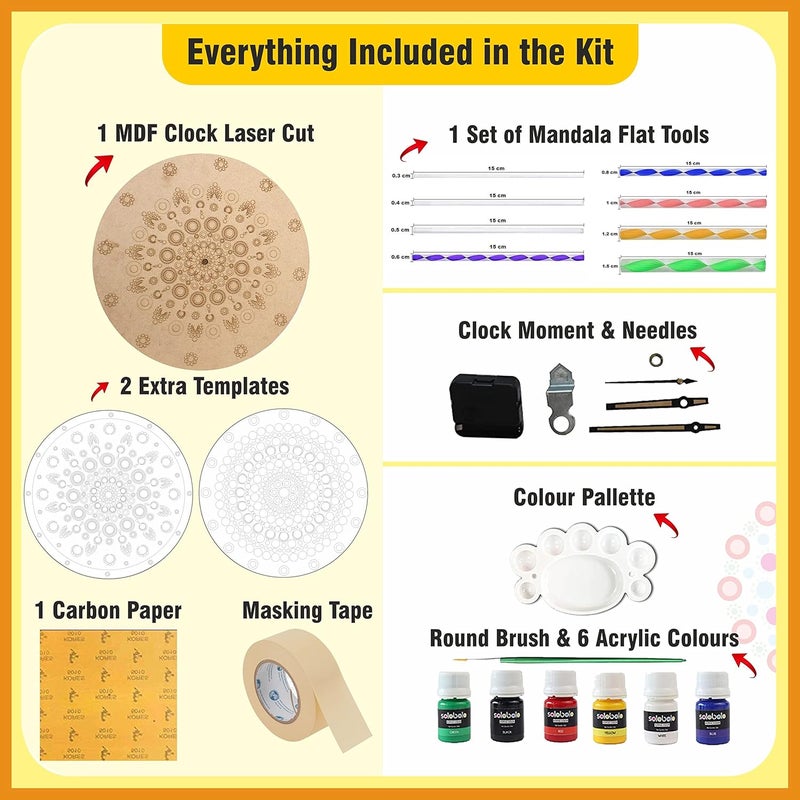 SOLOBOLO Mandala Painting Kit for Adults|DIY Mandala Clock Kit for Home Decor |Craft Materials MDF Cutouts for Art and Craft Kit|Birthday Gifts for Girls|Size-12 Inch Wall Clock MDF|Pack of 2 Sets - Image 3