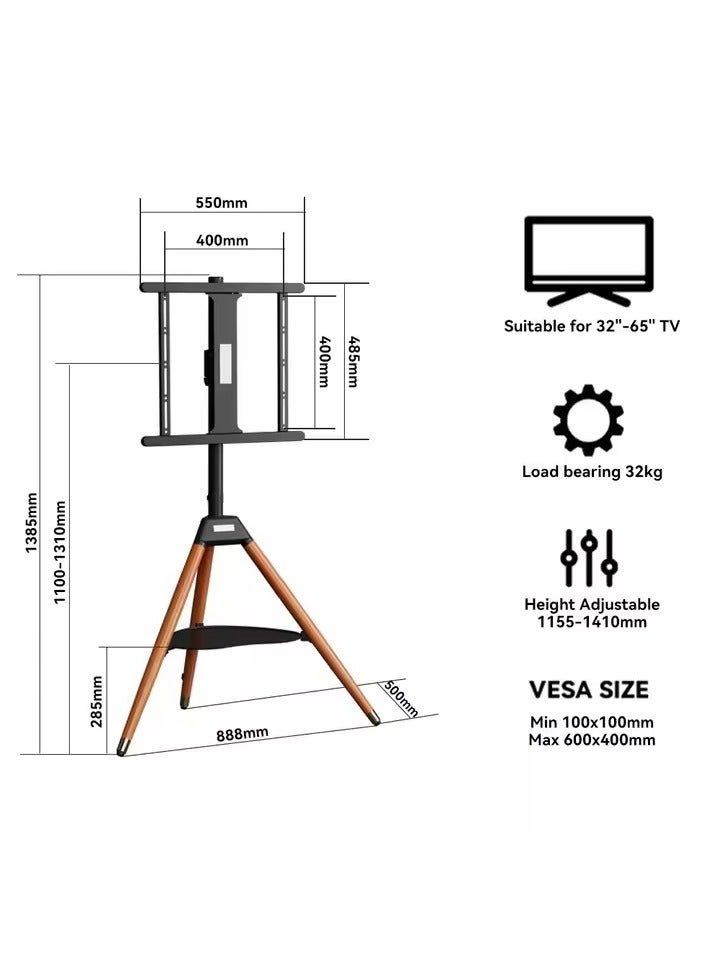 BEETEC Tripod TV Floor Stand with Wooden Legs for 32–65 Inch Flat Screen TVs, Height Adjustable TV Stand with Swivel & Tilt, VESA 400x400mm, Max Load 35 kg, AV Shelf 5 kg Capacity, Black | TF-FS65B - Image 2