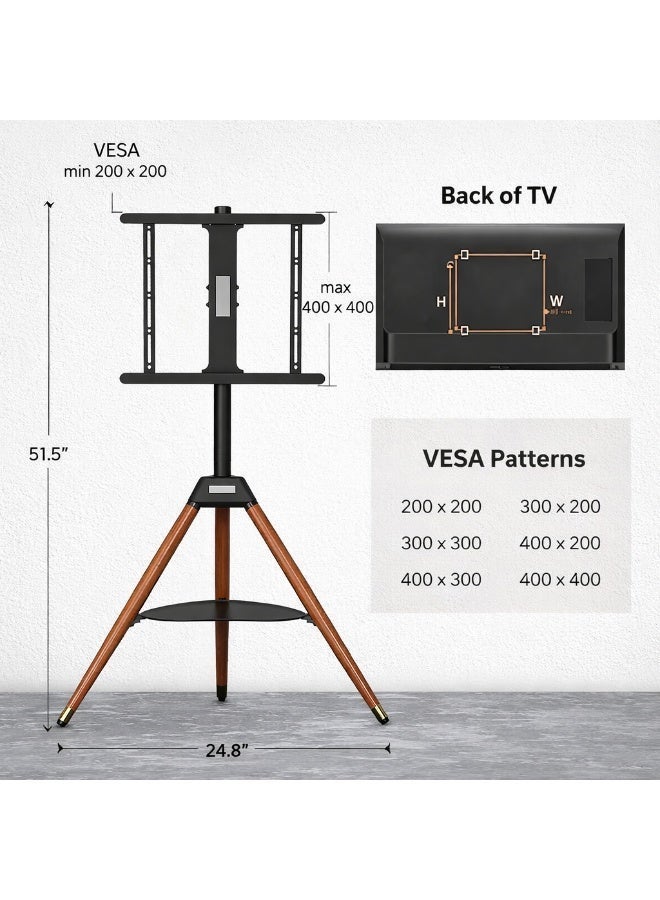 BEETEC Tripod TV Floor Stand with Wooden Legs for 32–65 Inch Flat Screen TVs, Height Adjustable TV Stand with Swivel & Tilt, VESA 400x400mm, Max Load 35 kg, AV Shelf 5 kg Capacity, Black | TF-FS65B - Image 2