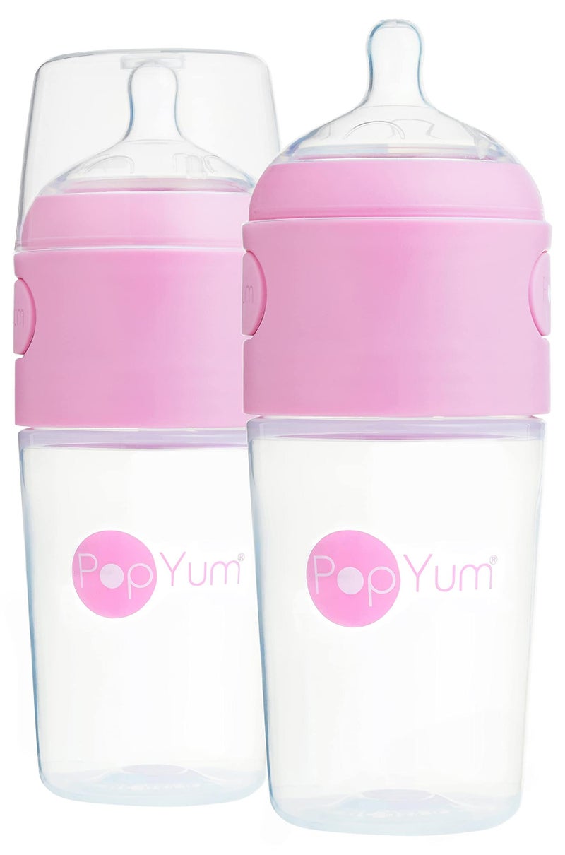 PopYum 9 oz Pink Anti-Colic Formula Making/Mixing/Dispenser Baby Bottles, 2-Pack with #2 Medium Flow Nipples, 260 ml, BPA-Free, Natural Latch - Image 1