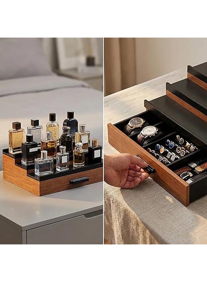 منظم عطور خشبي من 3 مستويات للرجال، رفوف عرض للمنظمين، حامل عرض للعطور وصينية تخزين درج، هدية للرجال (بني - 3 مستويات) - Image 5