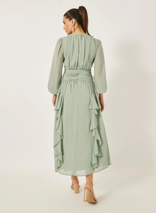 Styli Ruffled Detail Balloon Sleeves A-Line Midi Dress