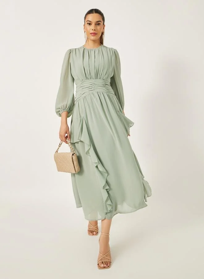 Styli Ruffled Detail Balloon Sleeves A-Line Midi Dress