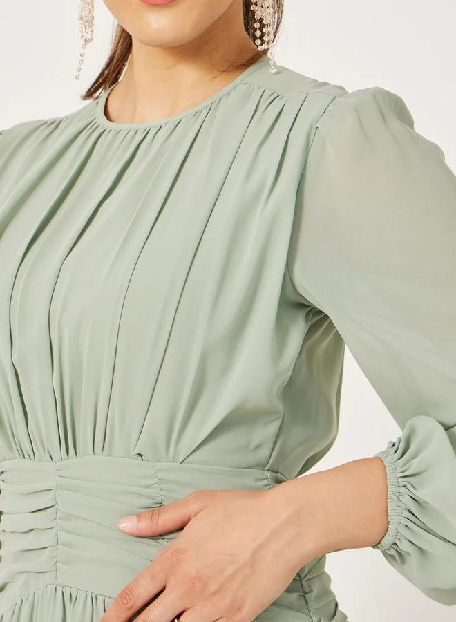 Styli Ruffled Detail Balloon Sleeves A-Line Midi Dress