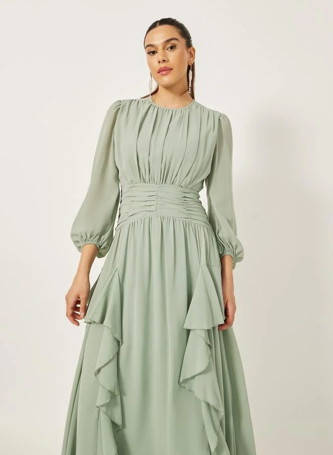 Styli Ruffled Detail Balloon Sleeves A-Line Midi Dress