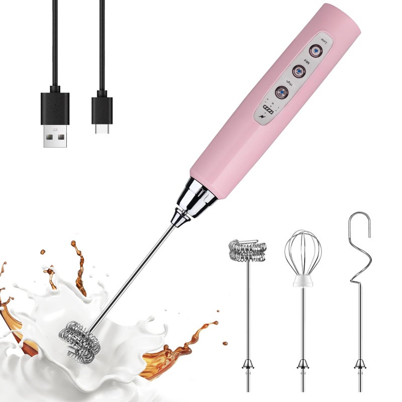 YUSWKO Pink Milk Frother Handheld with 3 Heads Coffee Whisk Drink Foam Mixer with USB Rechargeable 3 Speeds Electric Hand Frother for Latte Cappuccino Hot Chocolate Egg