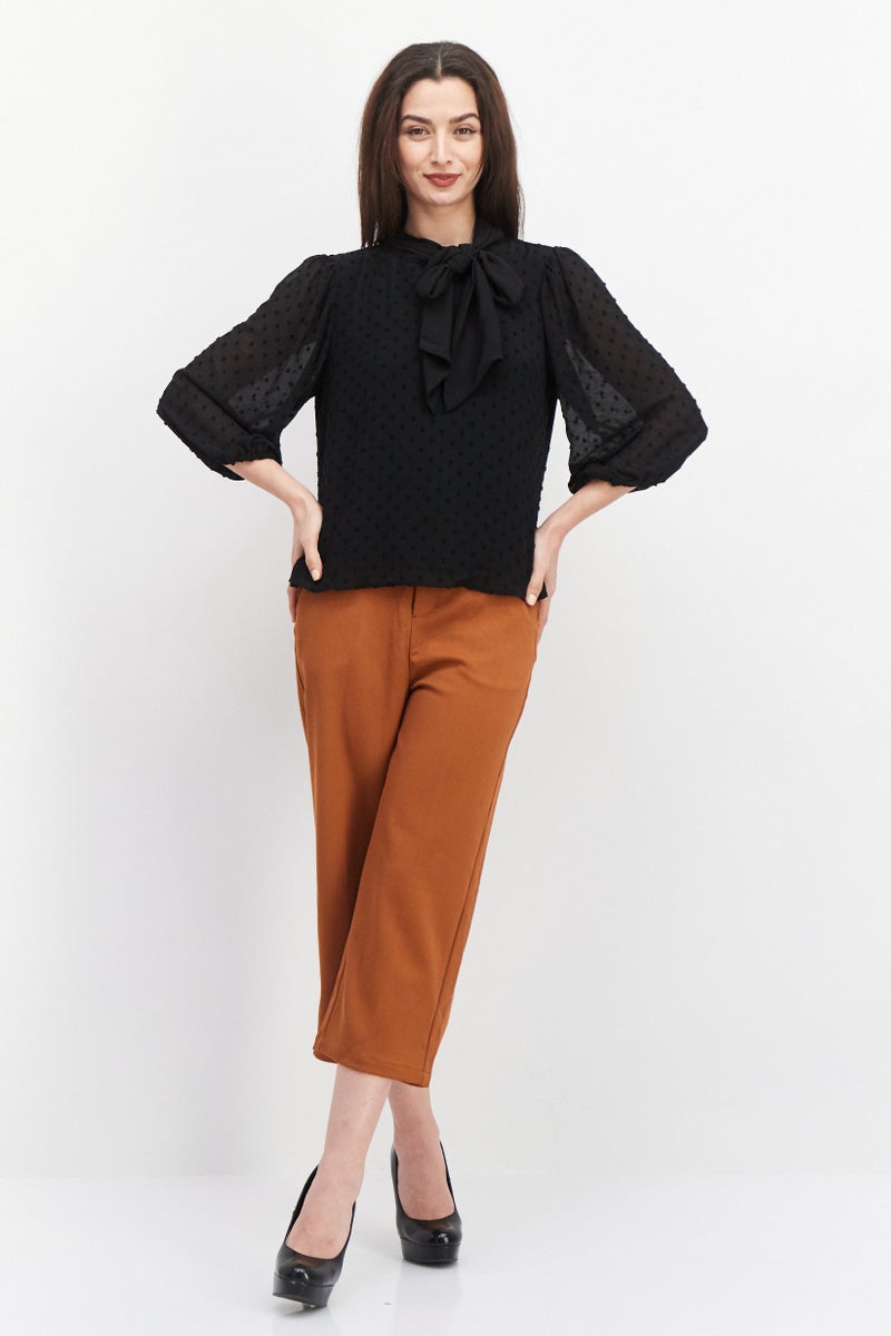 Riley & Rae بلوزة نسائية بأكمام طويلة وقبة مربوطة، سوداء - Image 3