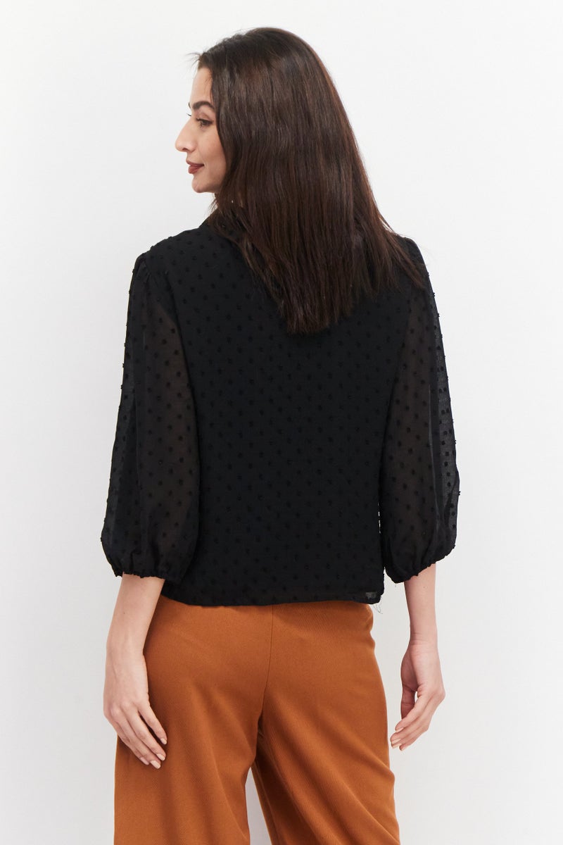 Riley & Rae Women Tie Neckline Long Sleeves Textured Blouse, Black - Image 4